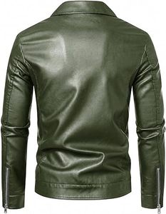 เสื้อแจ็คเก็ตหนัง PU สีเขียวสำหรับผู้ชาย ทรงเข้ารูป ปกคอพับ ปิดด้วยซิป แขนเสื้อปกติ เหมาะสำหรับใส่ในฤดูใบไม้ร่วง - Product Image 2