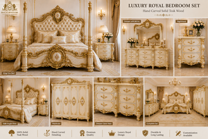 Suite de chambre à coucher style Maharaja Cal King avec lit à baldaquin personnalisé de luxe blanc et or, taille King, directement de l'usine en Australie - Product Image 6