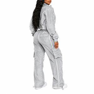 Fashion Women Two Piece <b>Tracksuit</b> Set Windbreaker Jacket Cargo Pants Lightweight Nylon Outfit - Product Image 1