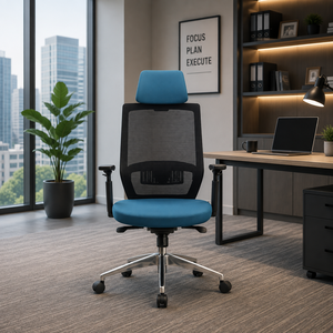 Chaise de bureau exécutive KINSHA en tissu, accoudoirs réglables électriquement, design ergonomique pivotant, base chromée, appui-tête intégré, moderne - Product Image 1