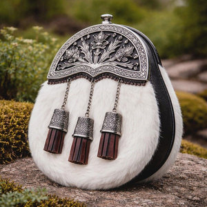 Antique Custom Wholesale Thistle White Fur Leather Kilt Sporran with Brown 3 Tassels & <b>Chain</b> <b>Belt</b> OEM ODM - Product Image 2