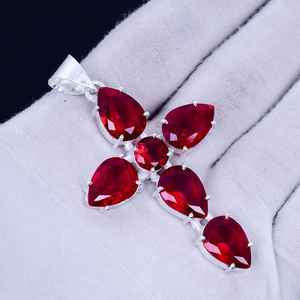 Colgante de cruz de granate rojo, bohemio, de plata de ley 925, joyería hecha a mano, collar de piedra natural para mujer, venta al por mayor - Product Image 1