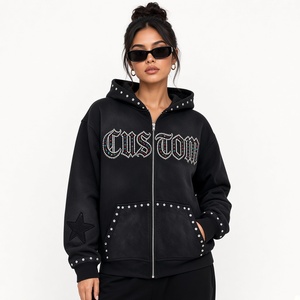 Sudadera con capucha negra extragrande personalizada con cremallera y pedrería, 100% algodón, tela suave, estilo vintage, para uso cómodo unisex. - Product Image 4
