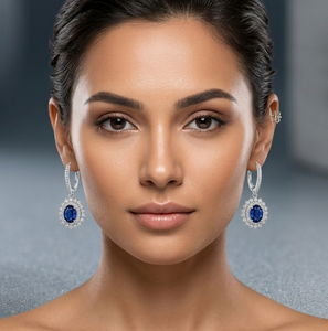 Boucles d'oreilles pendantes en saphir bleu avec halo de diamants, crochets d'oreilles en argent, pour cadeau - Product Image 2