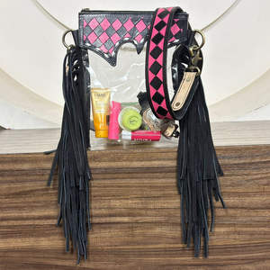 2026 Wholesale Transparent Tooled Pink & Black Checkered Leather <b>Clear</b> Fringe Handbag New Fashion Leather Crossbody Shoulder <b>Bag</b> - Product Image 4