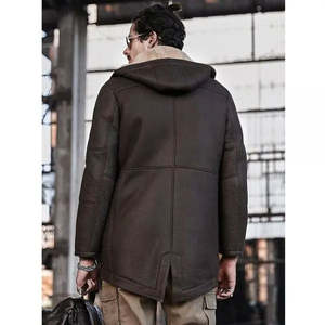 Chaqueta de Cuero Marrón para Hombre con Forro de Piel Sintética, Cuello Alto, Resistente al Viento, Abrigo de Invierno Largo, Corte Regular, Estilo Workwear - Product Image 4