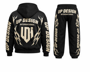 Ensemble de survêtement personnalisé noir pour homme avec impression en relief, sweat à capuche zippé et pantalon de jogging, style streetwear et sportswear épais - Product Image 3