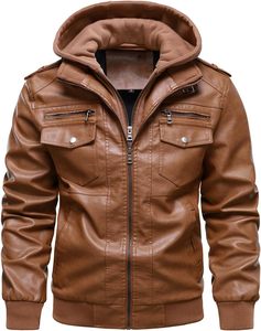 <b>Men's</b> Customized Brown PU <b>Leather</b> Hooded Moto <b>Jacket</b> Zipper Front Regular Fit Autumn Style Windproof Solid Color High Quality - Product Image 5