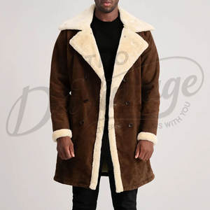 Manteau long en daim marron pour homme, doublure en fausse fourrure crème de luxe, chaud pour l'hiver, à double boutonnage - Product Image 6