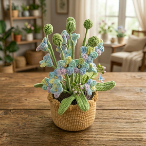 Maceta de flores de olvido-ya-no-más-te-olvides hecha a mano con ganchillo, decoración amigurumi con hilo tejido para decoración del hogar o del escritorio de la oficina, regalo. - Product Image 1