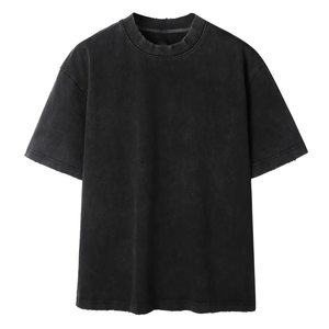 Vintage Summer Cotton Breathable Washed Distressed Fade Plain Loose O-neck Knit Streetwear <b>T</b>-shirts for Men - Product Image 1