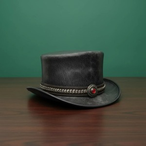 Premium <b>Black</b> Leather <b>Top</b> <b>Hat</b> with Structured High Crown Vintage Alternative Fashion Headwear for Cosplay - Product Image 5