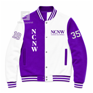 Veste universitaire personnalisée NCNW Council, violette et blanche, manches longues, col à bande sur le devant, logo brodé, coton - Product Image 1