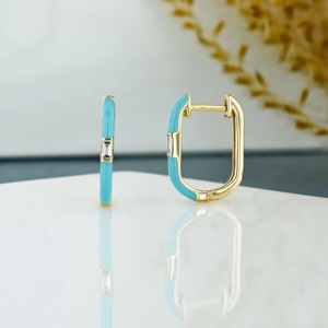 14k Gold Turquoise Enamel Hoop <b>Earrings</b> Baguette Diamond Lever <b>Back</b> Dainty Colorful Fine Jewelry Elegant Art Deco Inspired Gift - Product Image 1