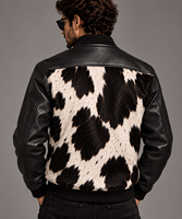 Blouson Bomber en Cuir Véritable de Vache avec Poils pour Homme, Blouson Varsity Personnalisé en Cuir de Vache Noir et Blanc, Vêtement d'Extérieur Premium Streetwear pour Homme