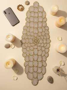 Handmade Beaded Polyester/Cotton Stripe <b>Table</b> <b>Runner</b> Gold White & Silver Glam Decor for Home & Hotel Use MOHD BAHID - Product Image 2