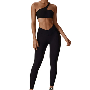 Women Yoga Set One Shoulder <b>Crop</b> <b>Top</b> High Waist Leggings Solid Black 2 Piece Activewear Full Length Four-Way Stretch - Product Image 1