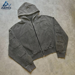 Sudadera con capucha de estilo urbano, de tejido grueso, desgastada, personalizada, con múltiples bolsillos, con logotipo personalizable, nuevo estilo, con cremallera, al por mayor - Product Image 2