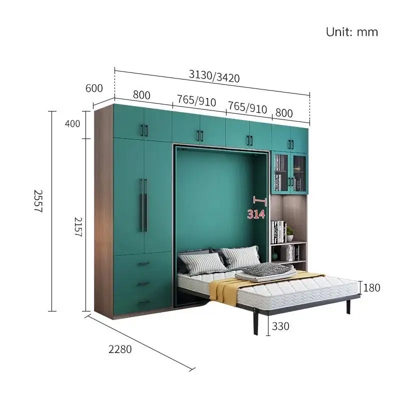Girl Room Side wooden Room wall murphy Bed with smart storage system Full king Size double bed Bedroom furniture