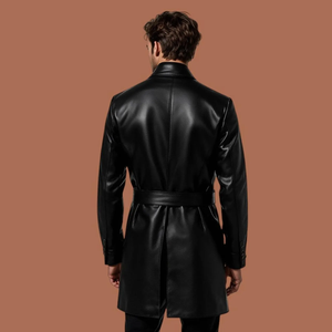 Manteau trench formel en cuir véritable noir pour homme FAZMAX, manches longues, col montant, coupe-vent, vêtement d'extérieur d'hiver, ceinture ajustable à la taille - Product Image 6