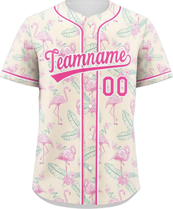 Uniforme de Béisbol/Sóftbol Personalizado para Hombre, Jersey de Malla de Primera Calidad, Cuello en V, Botones Frontales, Beige/Rosa Flamenco, Manga Corta - Product Image 2
