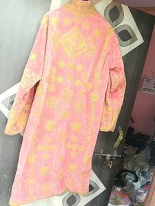 Pink Cotton Velvet Embroidered <b>Kimono</b> Robe With Golden Floral Threadwork Full Sleeves For <b>Women</b> Sculptures Decorative Accents - Product Image 4