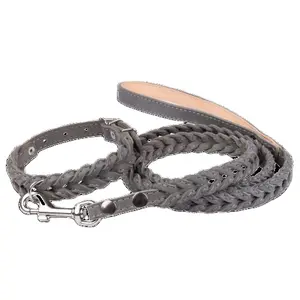 Dog Leash Genuine Leather Double Braided High Quality Pet Products Durable Buckles Collar Harness Treat Bag Sets Gray Tan