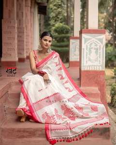 Eco-Friendly Handloom Soft Lichi Silk <b>Saree</b> <b>Red</b> Geometric Tribal Art Handwoven Ethnic Wedding Sun Protection Wrinkle Free Indian - Product Image 4