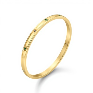 9K <b>Solid</b> <b>Gold</b> Modern Minimal <b>Bangle</b> with Emerald and Diamond Accents Elegant Fine Jewelry for Women - Product Image 5