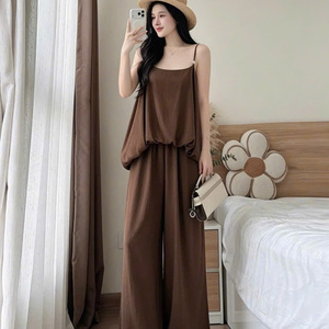 Conjunto de Ropa de Verano de Dos Piezas para Mujer, Informal, de Algodón Sólido, Ecológico, Lavable, Cómodo, sin Cuello, Ajustado, Largo y a la Moda - Product Image 3