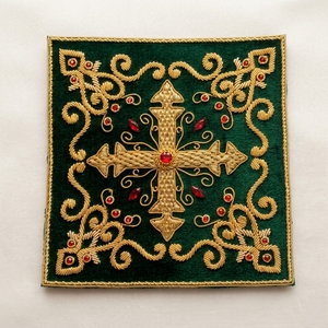 Luxury Hand Embroidered <b>Cross</b> Patch with <b>Red</b> Crystals Custom 3D Bullion Wire Religious Applique for Ceremonial Garments - Product Image 1