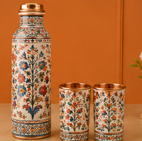 Ensemble de gobelets et bouteilles d'eau de luxe multicolores en cuivre émaillé, motif botanique, faits à la main, avec impression de dessins animés, vaisselle assortie, style Desi - Product Image 2