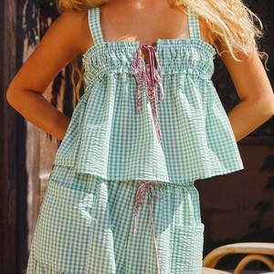 Women's Green <b>Checkered</b> Two Piece Set Spaghetti Strap <b>Top</b> High Waist Pants Self Tie Drawstring Breathable Cotton Summer Outfit - Product Image 3