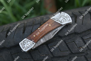 UA Supplies Professional Back Lock Folding Blade Drop Point Damascus Steel EDC <b>Utility</b> Pocket <b>Knife</b> Rosewood Engraved 7.5in OEM - Product Image 5