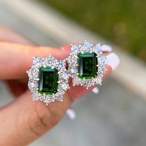 925 Moissanite Diamond Vintage Flower Design <b>Emerald</b> Cut <b>Emerald</b> Green Earrings In Sterling Silver White Gold Plated for Women's - Product Image 1