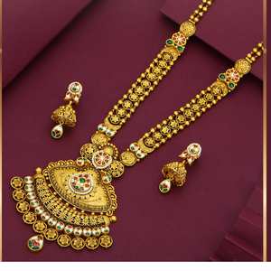 Collar de oro tradicional, joyería nupcial antigua, aretes jhumka estilo templo, colección de bodas del sur de la India. - Product Image 1
