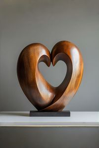 Sculpture de cœur en bois faite à la main, art abstrait pour table, décoration pour salon, maison, cadeau de mariage - Product Image 1