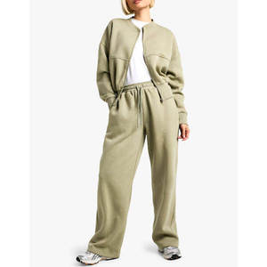 2026 Custom Women's <b>Oversized</b> Zip Up Fleece Tracksuit 100% Cotton Jacket Wide Leg <b>Sweatpants</b> OEM Wholesale - Product Image 2