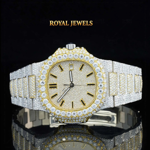 Montre chronographe en moissanite glacée, bracelet en acier inoxydable saphir, montre analogique mécanique pour homme, bijoux - Product Image 1