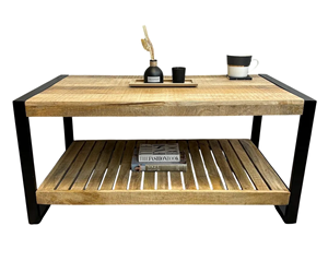 Table basse industrielle en bois de manguier massif et métal avec pieds en fer noir thermolaqué, élégante et pliable pour salon - Product Image 3