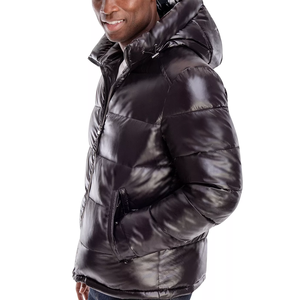 <b>Men's</b> Black Hooded Puffer <b>Jacket</b> Sherpa Floral Zipper Closure Windproof Casual Winter Regular Fit Polyester Shell Thick Padding - Product Image 4