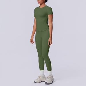 Conjunto de Yoga de 2 Piezas, Sin Tirantes, Cintura Alta, Largo Completo, Sin Costuras, Transpirable, Elástico en 4 Direcciones, Estampado Deportivo, Verde Sólido - Product Image 4