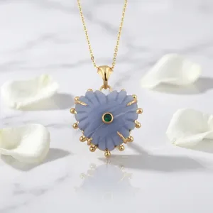 Custom Jewelry Heart Carved Shape Blue Lace Agate <b>with</b> Emerald cz 18k Gold Plated Brass Trendy Unique Jewelry Gift For Birthday - Product Image 2