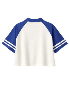 Customized Blue And <b>White</b> Women Cropped Polo T <b>Shirt</b> Raglan Sleeve Striped Sleeve Casual Cotton Top Button Placket Summer Tee - Product Image 5
