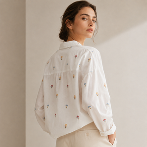Women White Cotton Shirt Full Sleeve Colorful Mini Floral Embroidery V Neck <b>Loose</b> Casual <b>Dresses</b> Blouse for Wholesale - Product Image 2