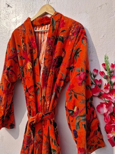 Kimono de Terciopelo con Estampado de Aves, Hecho a Mano, para Invierno, Unisex, Estilo Boho Hippie, Bata de Baño, Kimono para Mujer con Cinturón - Product Image 2