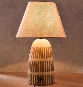Ceramic Table Lamp with Beige Linen Empire Shade Rustic Design Warm White Light for Living Room <b>Decorative</b> <b>Lighting</b> - Product Image 1