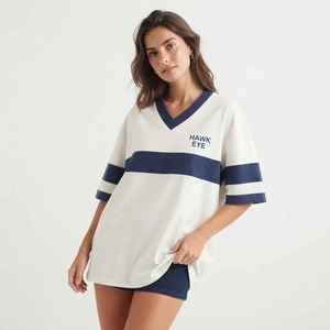 <b>Women's</b> White <b>V</b>-<b>Neck</b> Oversized <b>T</b>-<b>Shirt</b> Three Quarter Sleeve Color Blocking Logo Print Loose Fit Spring Summer Cotton - Product Image 1