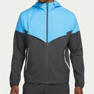 Fresh Design Men's Blue <b>Black</b> Colorblock Hooded <b>Windbreaker</b> Jacket Lightweight Full Zip Running Training Outdoor Coat - Product Image 1