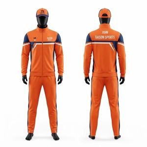 TAISON SPORTS Premium 220GSM Polyester Waterproof <b>Fleece</b> Unisex Badminton Training Suit <b>Orange</b> Navy Contrast Panel Design Custom - Product Image 1
